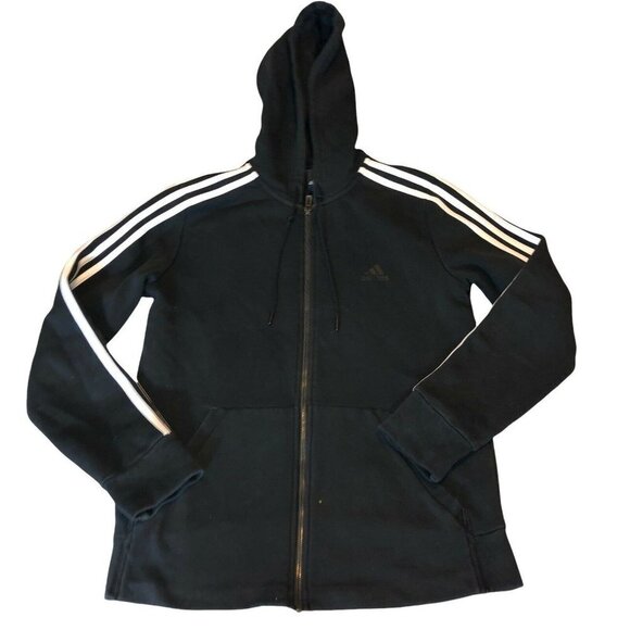 ADIDAS Womens Black Cotton Fleece Lined 3 Stripes Full Zip Hoodie Sz M - Picture 1 of 11